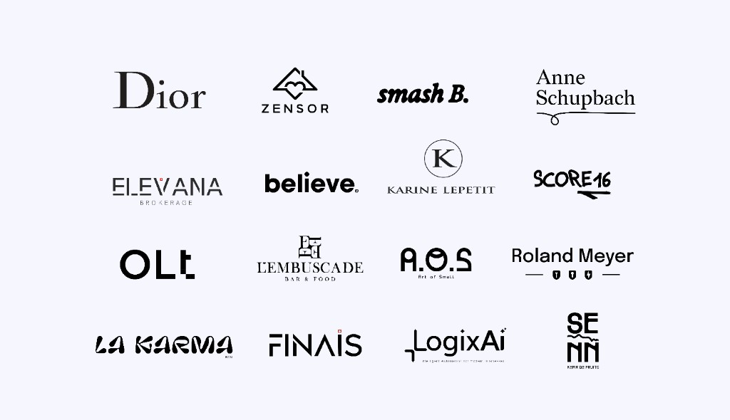 Selected client logos including Dior, Zensor, Anne Schupbach, SENN, La Karma, Elevana, Believe, LogixAi, and others