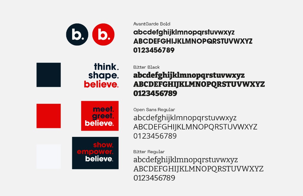 Believe Music logo, colors, and typography board