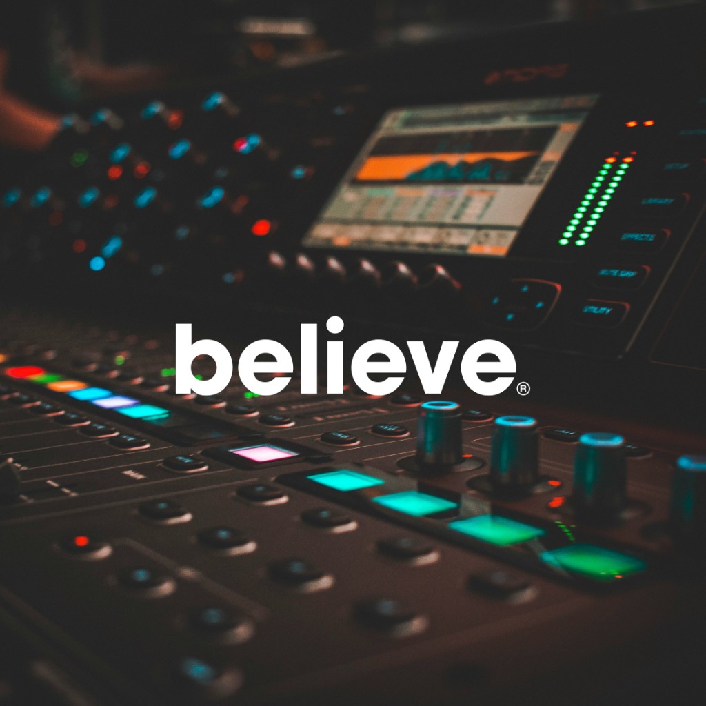 Believe Music logo over recording studio photo