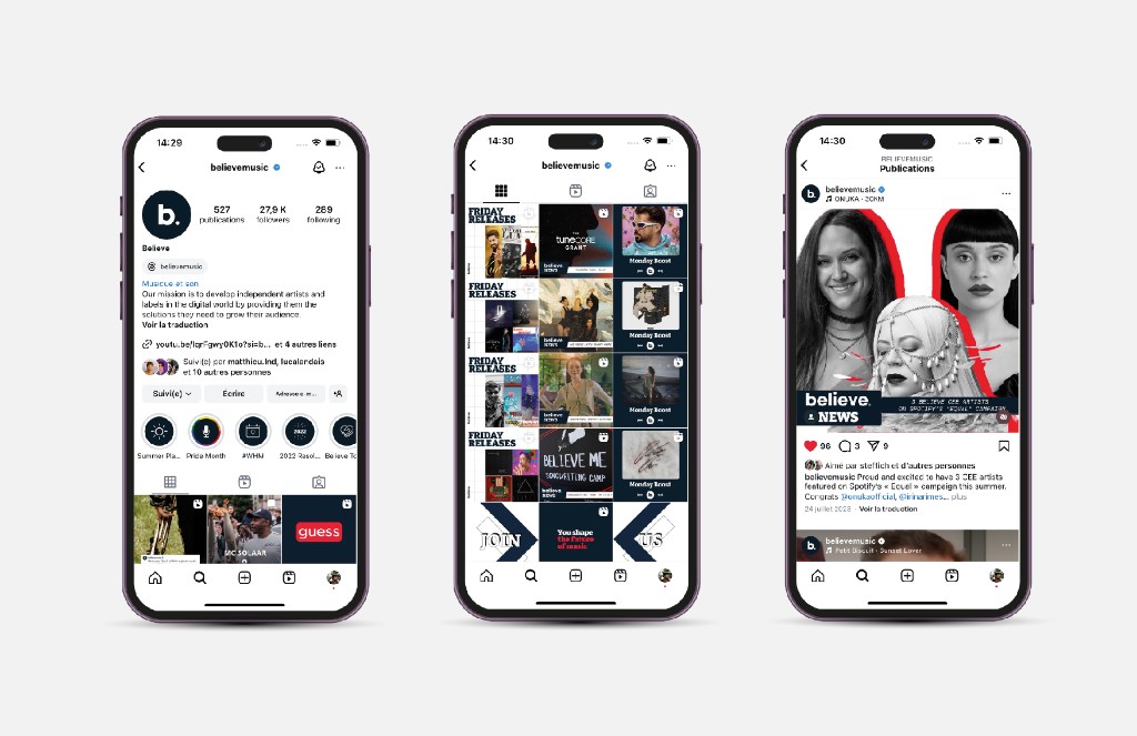 Believe Music social media profile and publication mockups